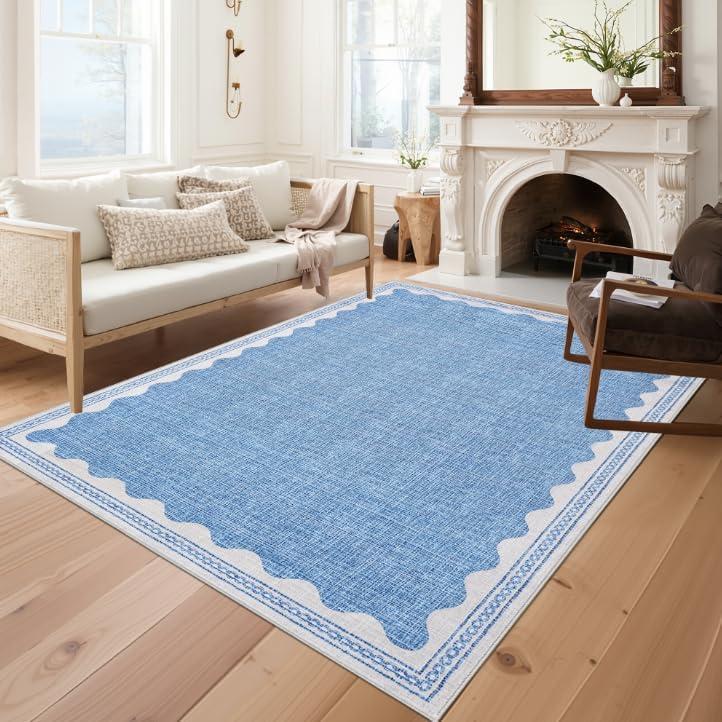GarveeHome Scalloped 8x10 Rug for Living Room Washable Non-Slip Solid Blue Modern Minimalism Low-Pile Carpet 8 x 10 Rug for Bedroom Dining Nursery Mat with Rubber Back