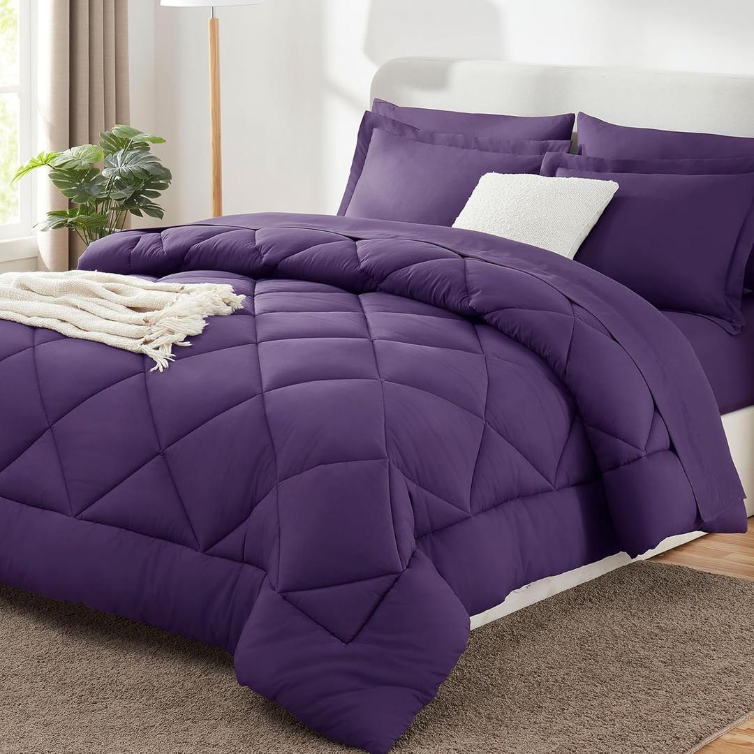 King Size Comforter Set Purple - 7 Pieces Bed in a Bag King, Luxury Soft Bed Set for All Seasons, Bedding Set with Down Alternative Comforter, Sheets, Pillowcases & Shams