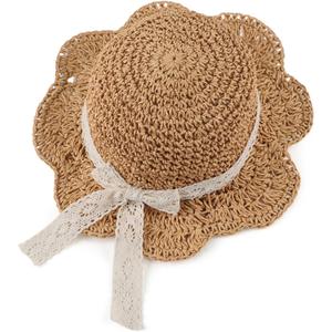 Baby Girl Straw Hat Outdoor Baby Sun Protection Hats Summer Bowknot Beach Cap for Infant Toddler Girls (6-24 Months, Lace Bow-khaki)