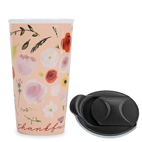 Lighthouse Christian Products Thankful and Blessed 12 ounce Ceramic Stoneware Travel Tumbler Mug, Blush Pink Floral