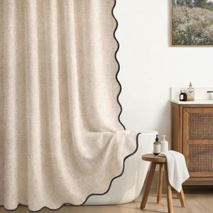 Linen Shower Curtain Beige Cute Black Scalloped Boho Modern Shower Curtains for Bathroom Set, 72" W x 72" L