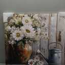 DRLWGTY Framed Farmhouse Rustic Daisy Wall Art, 24x24 Country Floral Watering Can Village Style Wall Picture with Gold Glitter Texture Details for Living Room Garden Kitchen Ready to Hang