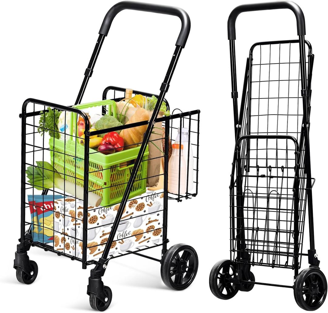 IRONMAX Grocery Shopping Cart, Foldable Heavy Duty Utility Cart w/Adjustable Handle, Extra Basket & 360 Rolling Swivel Wheels, Lightweight Trolley Cart for Grocery Laundry Luggage (Black)