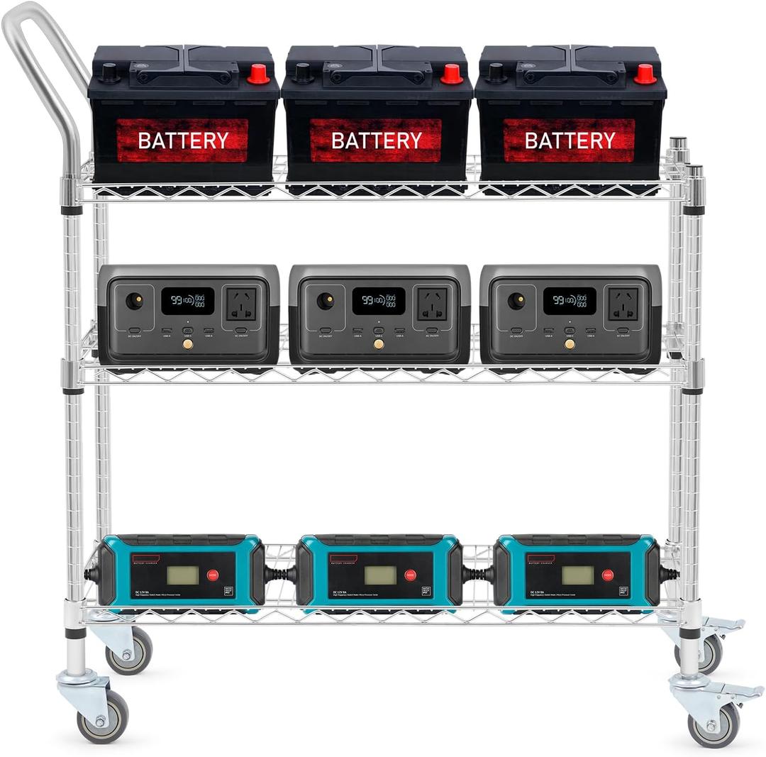 Briwooody Rolling Battery Rack Adjustable Height Car Battery Display Shelf with Wheels Holds 12 Batteries Supports 330 Pounds Server Batteries Organizer for Boat Motorcycle Lithium Storage