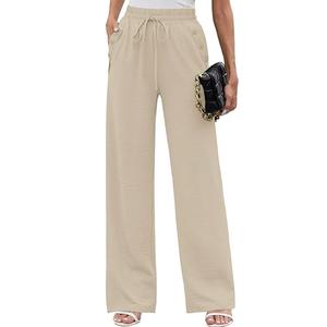 Heymoments Women Wide Leg Pants Light Khaki Large High Waist Loose Casual Pants Adjustable Tie Knot Belted Long Straight Trousers with Pockets Large