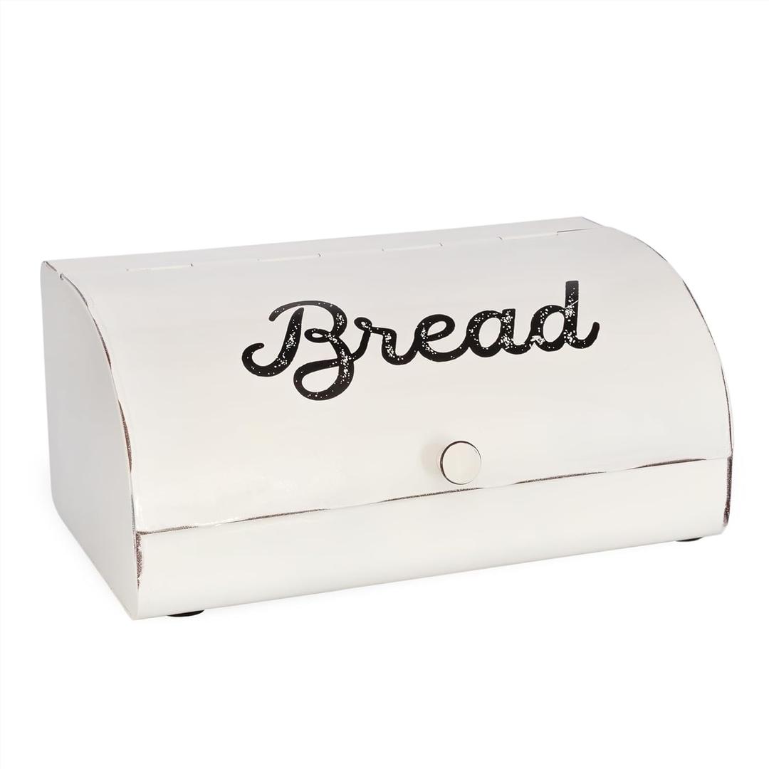 AuldHome Design Rustic White Bread Box; Farmhouse Vintage Enamelware Countertop Bread Bin (Regular)