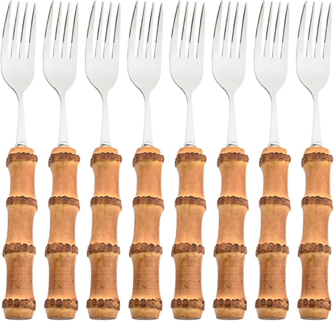 8pcs Dinner Fork, Stainless Steel and Natural Bamboo Cutlery Table Fork, Resuable Mirror Polish, Elegant and Exquisite Salad Fork, 8.07-inch, Silver