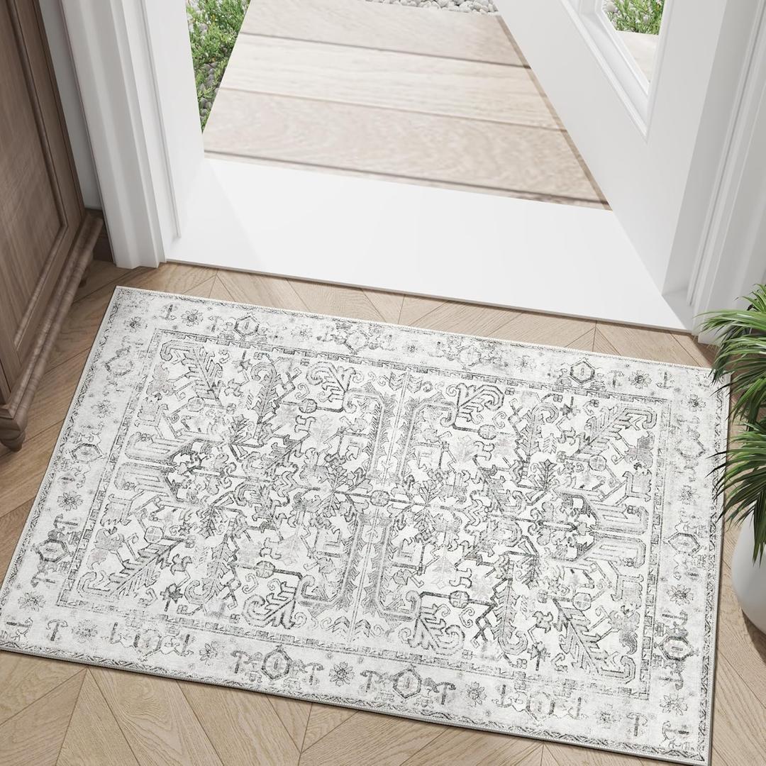 jinchan 2x3 Washable Rug for Entryway - Vintage Floral Ultra-Thin Low Pile Soft Small Non Slip Distressed Indoor Door mat Accent Area Rug for Entrance Kitchen Bathroom Bedroom (2x3ft,Grey)