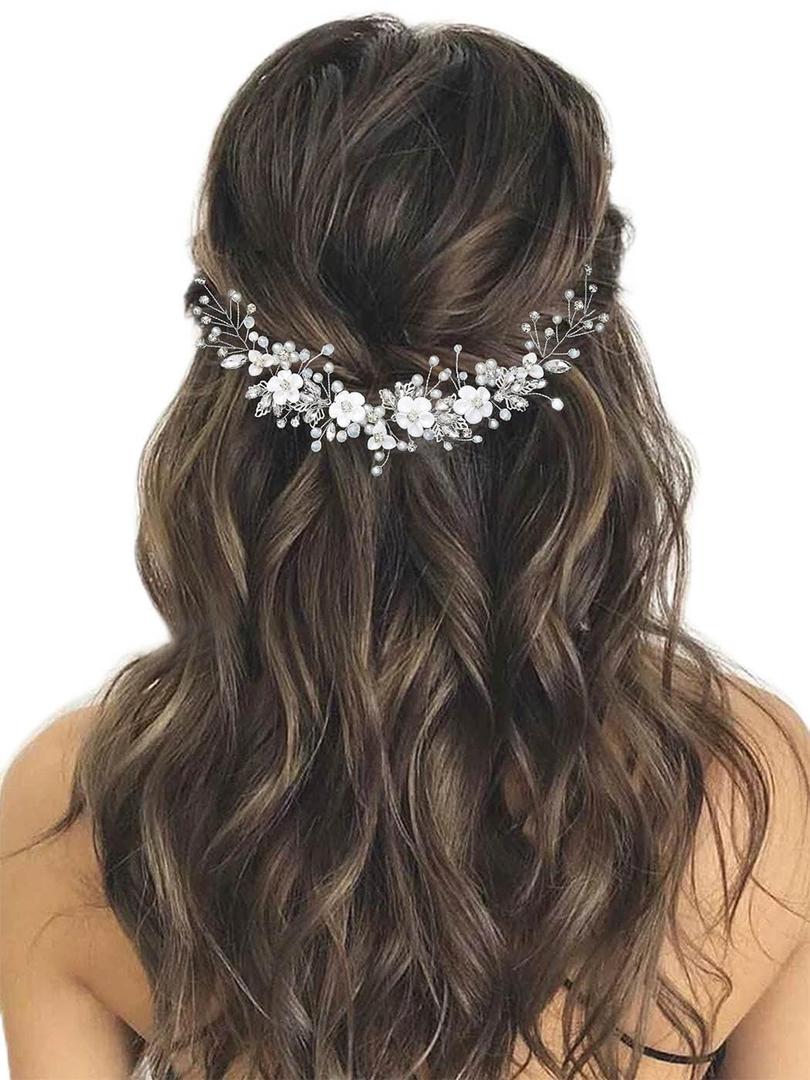 GORAIS Flower Bride Wedding Hair Vine Crystal Bridal Headpieces Pearl Hair Accessories for Women and Girls (1 Count (Pack of 1), A-Silver)