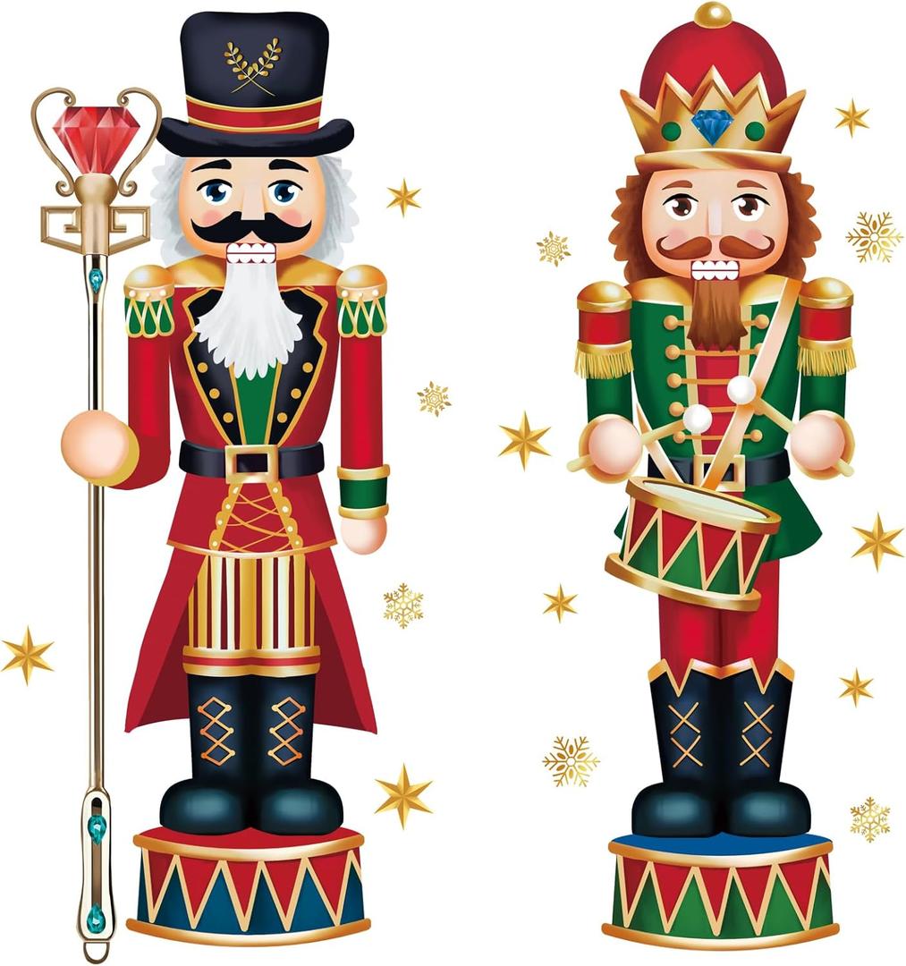 Christmas Nutcracker Soldiers Wall Decals Gold Snowflakes Wall Decals Xmas Window Clings for Shop Home Glass Door Holiday Merry Christmas Wall Decor