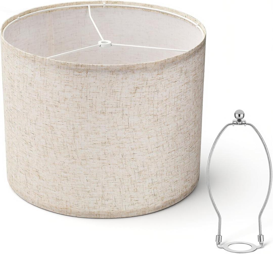 1 Pc Beige Lamp Shade, 13" Top X 13" Bottom X 10" High Drum Lamp Shades Large Drum Lampshades for Table Floor Lamps Natural Linen Beige Modern Fabric Lampshade, Spider Fitter, Easy Assembly