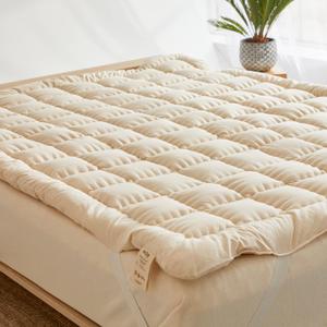 Wow 100% Organic Merino Wool Pillow Top Mattress Topper 2" for Back Pain Relief | Non-Toxic Raw Cotton Cover | Natural Cooling Quilted Fitted Mattress Pad | Hand Made Authentic Comfort | Medium Firm (Queen), Cream 