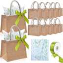 Shinylin 12 Pcs Small Burlap Tote Bag Set with Handles Spring Wedding Favors Reusable Jute Tote Bag Bulk with Eucalyptus Tissue Paper and Green Ribbon Wrapping 8.7x5.5x7inch