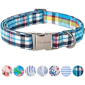 Unique Style Paws Metal Buckle Blue Plaid Collar - Durable & Cute for Small, Medium & Large Dogs