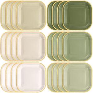 Tiangrid 60 Pcs Sage Green Paper Plates 7 Inch Gradient Disposable Square Dessert Party Plates with Gold Edge for Birthday Wedding Bridal Baby Shower Party Supplies, 6 Colors