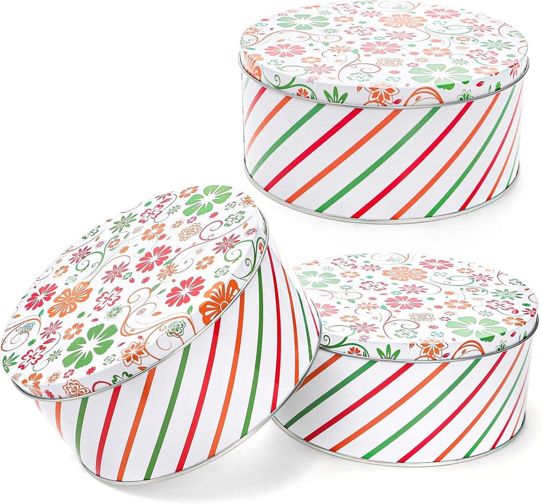 Yopay 3 Pack Metal Cookie Tins, Round Cookie Gift Tins for Storing Patisseries, Puff Pastries Craft Supplies, Baking Cake Container for Easter, Christmas and Year Round