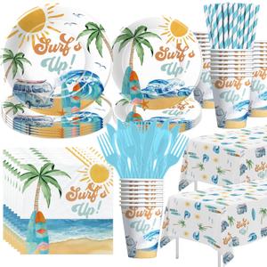 APOWBLS Surf's Up Party Decorations Tableware For Boys - Surf Birthday Party Supplies, Paper Plate, Cup, Napkin, Cutlery, Tablecloth, Summer Hawaiian Beach Wave Surfing Birthday Decorations | Serve 24
