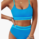 BMJL Women's High Waisted Bikini Ribbed Two Piece Swimsuit High Cut Color Block Adjustable Straps Bathing Suit Blue, Large