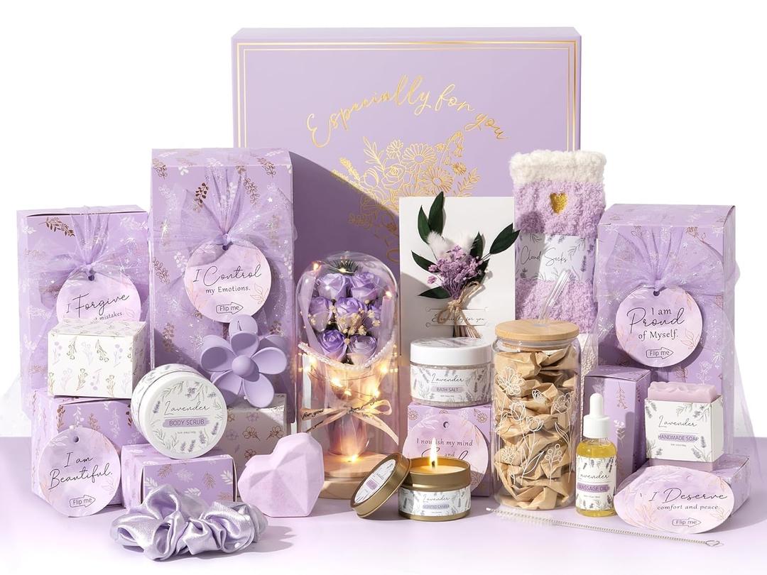 Spa Gifts for Women Teen Girl Gifts Trendy Stuff, Positive Affirmation Cards & Self Care Baskets Preserved Rose Flowers Set, Get Well Birthday Valentines Day Gifts for Her Mom Girlfriend Teenage Girls