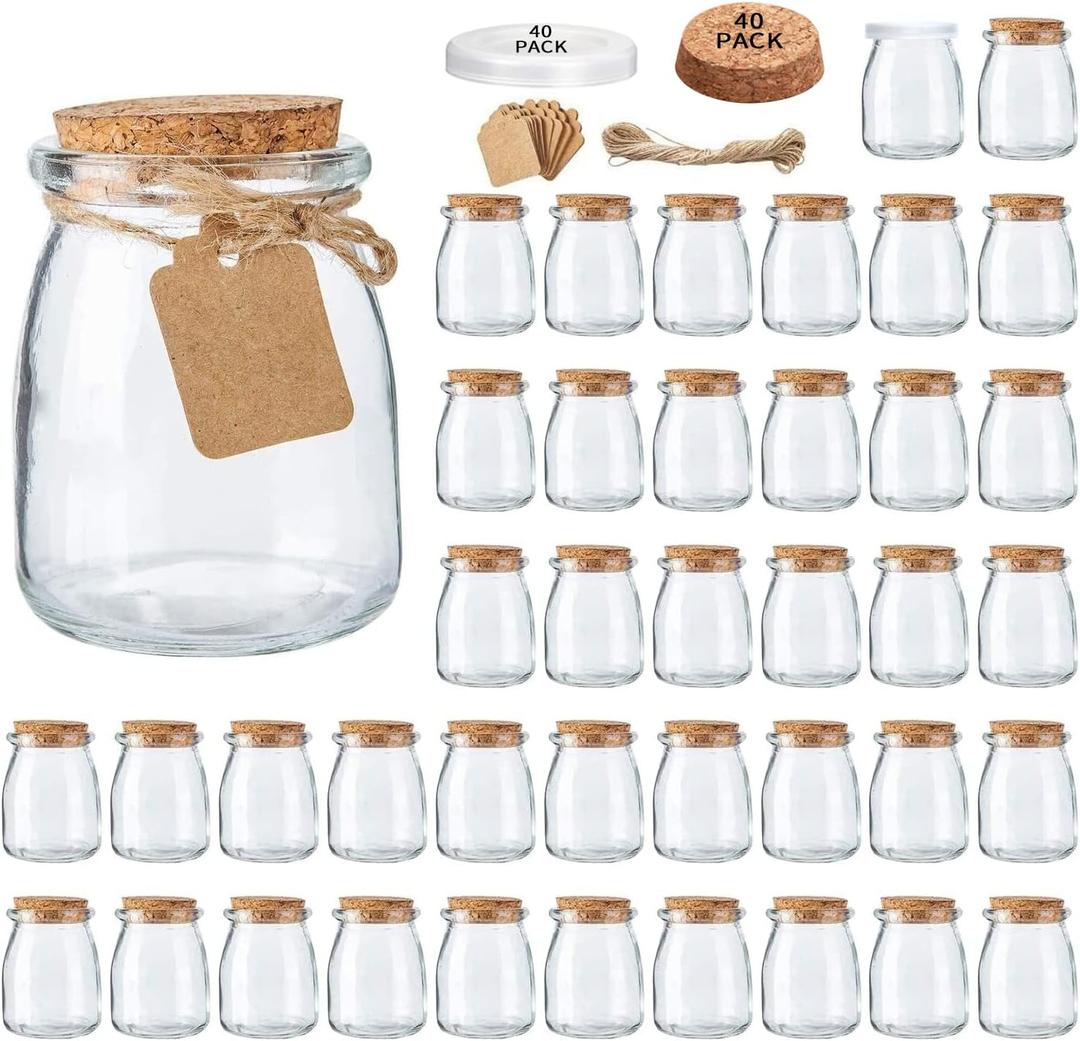 Glass Mini Yogurt Jars 40 Pack, 7 oz Favor Jars With Cork Lids, Pudding Containers, Mason Wedding Favors Honey Pot With Label Tags and String