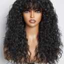 GORGIUS Shaggy Haircuts Natural Black Curly Wig with Bangs Crafted with Style-Archive Technology: Premium Fiber & Remy Human Hair Blended, Realistic Look with True Scalp