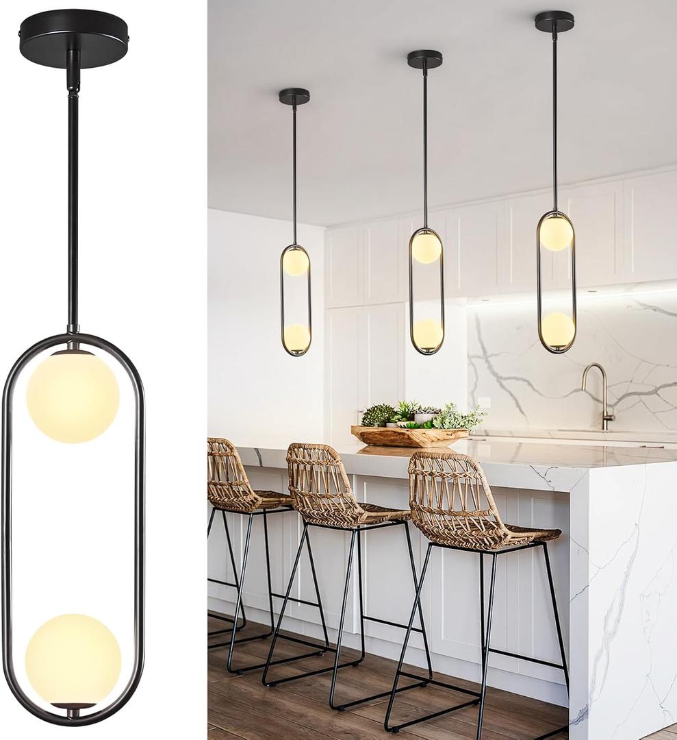 Modern Black Globe Pendant Light Mid Century Chandelier 2-Light Ceiling Hanging Lighting Fixture with White Globe Glass Lampshade for Kitchen Island Dining Room Bedroom (3 Pack)