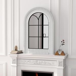 Arched Window Wall Mirrors with Grids, White Farmhouse Wooden Arch Mirror for Dresser, Bedroom, Stairways, Entryway and Living Rooms Decorative