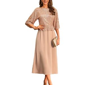 GRACE KARIN Mother of Bride Dresses 2025, 3/4 Sleeve Sequin Dress Maxi, Elegant Wedding Guest Dress Formal Cocktail (Small, Champagne Gold)