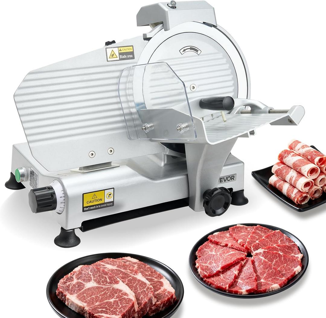 VEVOR Commercial Meat Slicer, 320W Electric Deli Slicer Machine with 10 inch SUS420 Blade, 0-0.4 inch Adjustable Thickness, for Frozen Meat, Ham, Baguett, Steak