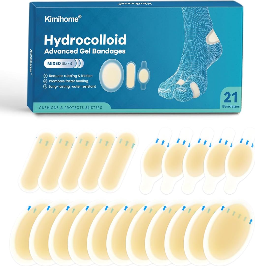 Gel Blister Bandages - 21 PCS Hydrocolloid Bandages for Feet, Blister Cushions Pads, Water Resistant Adhesive Bandages for Heel, Toes & Foot, Blister Bandages for Prevention & Recovery (Variety Pack)