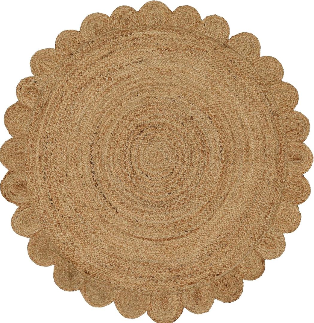 Savi Home Hand Woven Jute Braided Scalloped Rug 4 Feet Round Natural Reversible Area Rug, Eco-Friendly Farmhouse Rug for Living Room, Bedroom, Kitchen & Entryway Small Spaces & Under Coffee Tables