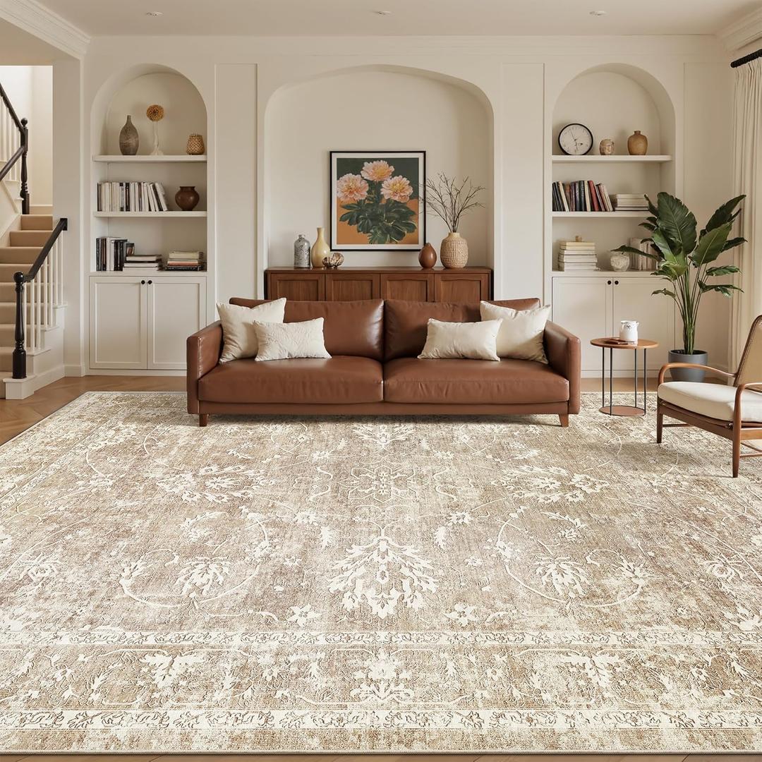 Madane 9x12 Area Rugs for Living Room, Machine Washable Rug with Anti-Slip Backing, Soft Vintage Large Area Rug, Floral Print Floor Carpet for Bedroom Dining Room (9 x 12, Beige/Brown)
