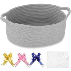 COMSE Small Woven Basket with Gift Bags and Ribbons, Gift Basket Empty, Cotton Rope Storage Organizer, Baby Toy Box with Handles, 12" x 8" x 5", Cool Gray