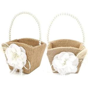  Burlap Wedding Flower Girl Basket Vintage Flower Basket Jute Roses Rustic Wedding Flower Girl Basket With Lace Satin Wedding Party Decoration (Flower-2pcs)