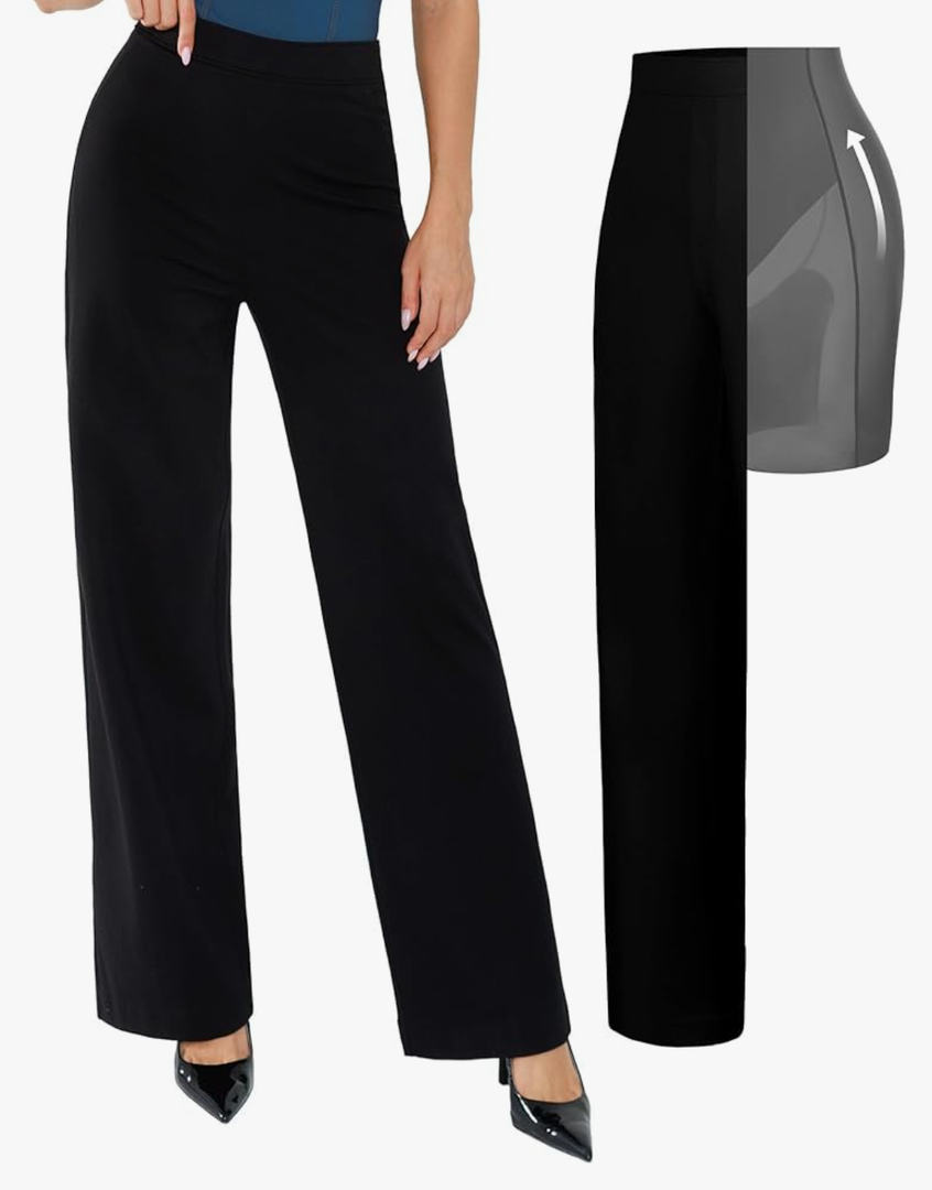 Popilush Dress Pants for Women Tummy Control 2 in 1 Work Slack High Waisted Wide Leg with Pockets Business Casual M