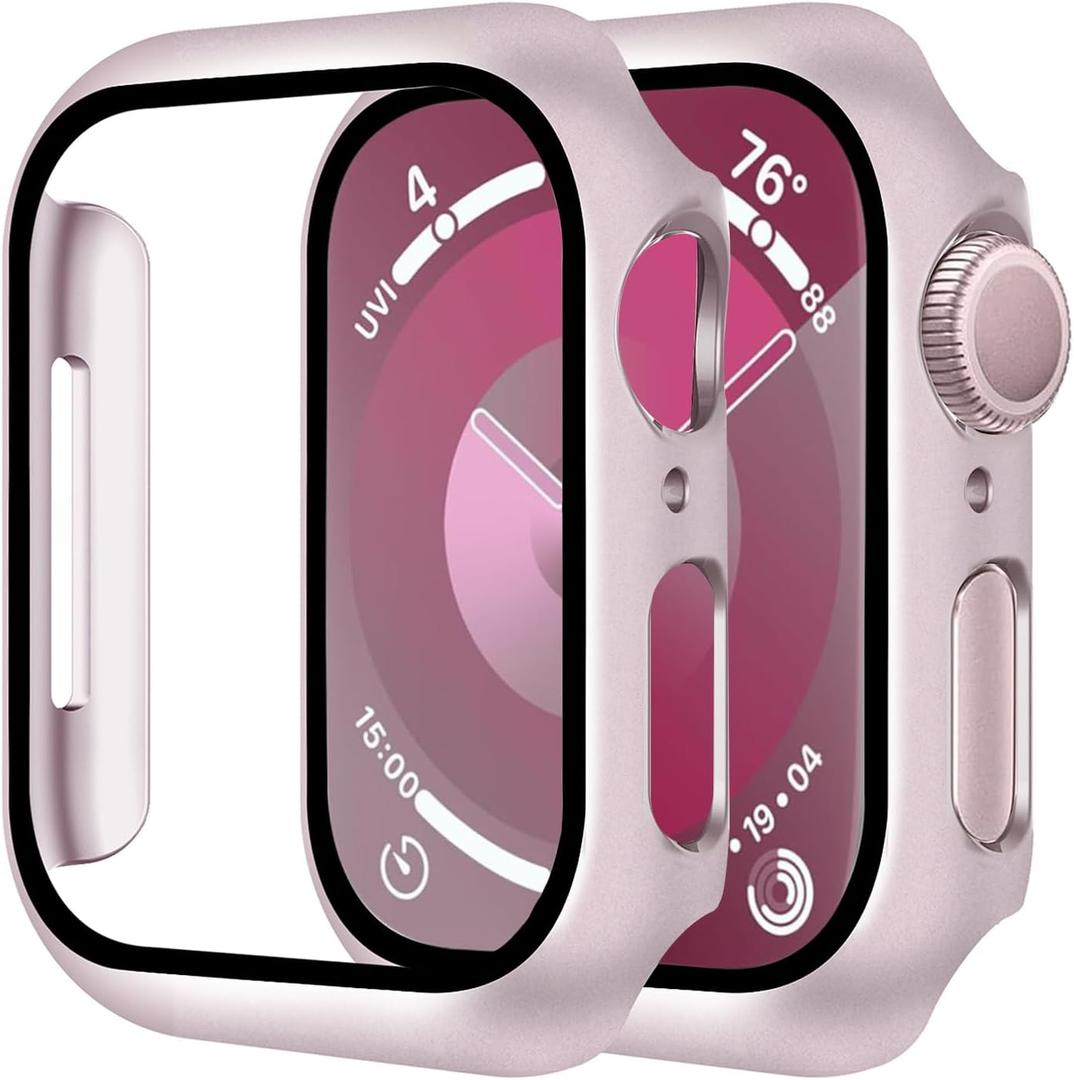 Smiling 2 Pack Case Compatible with Apple Watch SE 2 (2024)/SE/Series 6/5/ 4 40mm with Tempered Glass Screen Protector, Hard PC Case Overall Protective Cover-1 Pink + 1 Transparent
