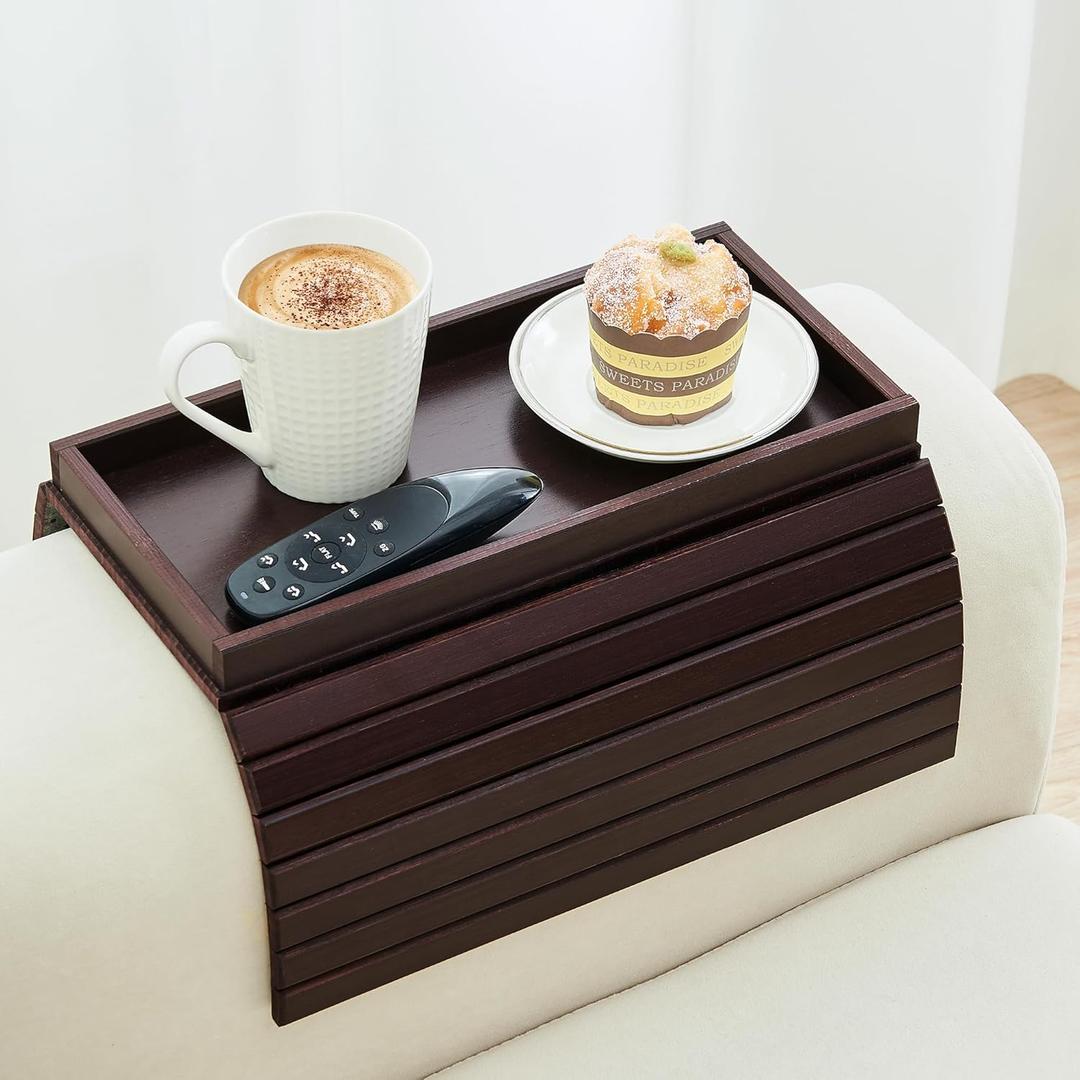 GEHE Bamboo Sofa Arm Tray, Foldable Couch Arm Tray Side Table, Anti-Falling Armrest Tables Cup Holder for Snacks, Drinks, Beers, Phone, Control, Flexible and Portable, Anti-Slip (Mahogany)