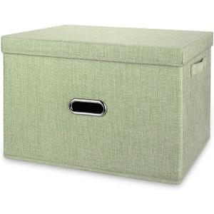 Large Linen Fabric Foldable Storage Bins with Removable Lid and Handles, Washable Storage Box Organizer Containers Baskets Cube with Cover for Bedroom,Closet,Office (Green, Extra Large)