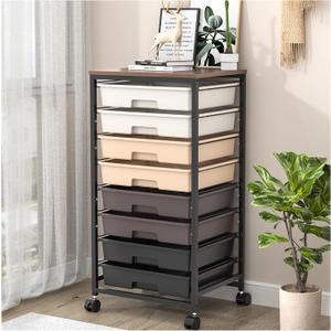 Rolling Carts with Wheels,Utility Cart with 8 Drawers and Wooden Tabletop,Rolling Drawer Cart,Plastic Drawer Storage for Living Room,Classroom,Bedroom,Bathroom,Dorm,Office,Brown