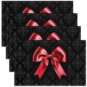 jejeloiu Red Bow Placemats Set of 4 Jacquard Damask Table Mats for Party Kitchen Dining Decor Holiday Seasonal Cute Coquette Bow Knot Place Mat for Dinner Table 18"x12" Washable Boho Style, Black, 12x18 Inches