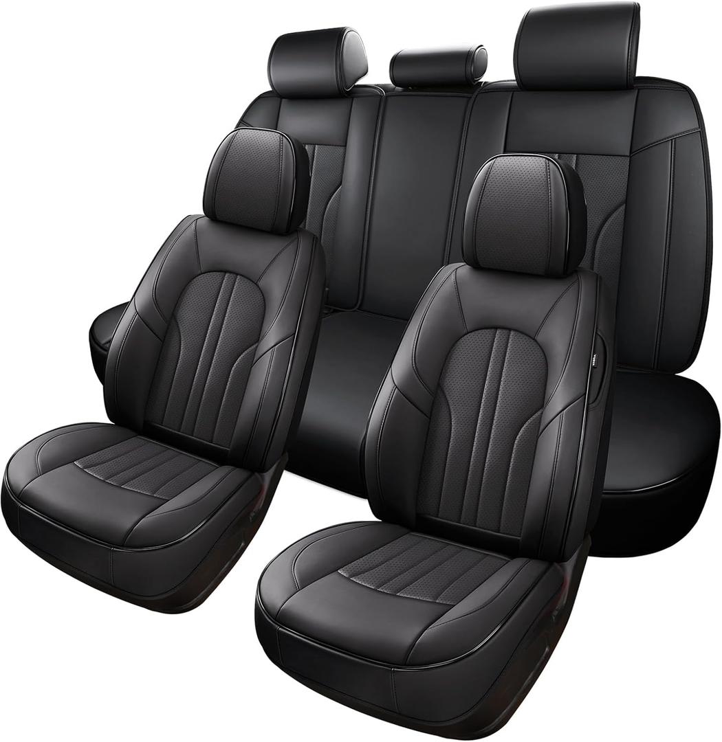 MINGBRON Car Seat Cover Full Set, Leather Car Seat Cover, Waterproof Seat Covers, Car Seat Cushion, Nappa Leather Seat Covers Car Seat Protector Universal Fit Most Cars Black