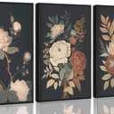 3Pcs Framed Vintage Peony Flower Still Life Canvas Wall art Rustic Dark Floral Plant Painting Picture Farmhouse Wall Decor Posters Print Artwork for Women's Room Living Room Bedroom Home Decoration