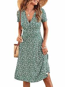 MSBASIC Sundresses for Women 2026 Casual Beach Wrap Floral Dress V Neck Summer Spring Dresses(A-Green Floral,Small)
