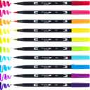 Tombow 56185 Dual Brush Pen Art Markers, Bright, 10-Pack. Blendable, Brush and Fine Tip Markers