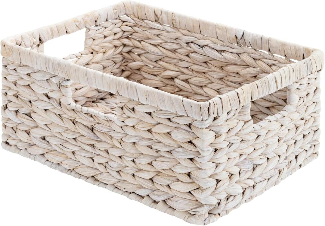 StorageWorks Pantry Baskets, Wicker Storage Baskets for Organizing, Bathroom Shelves, Pantry Organizers and Storage, Water Hyacinth, White (15"L x 11"W x 6 "H)