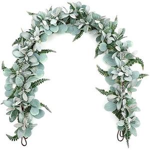 SHACOS 2 Pack 11.8 ft Artificial Flocked Lambs Ear Garland Eucalyptus Fern Leaves Greenery Garland Fake Vines for Mantle Fireplace Door Window Wedding Table Centerpieces Home Decor