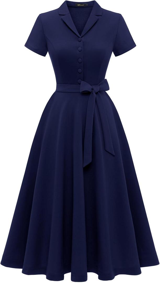 Wedtrend Women's Vintage Tea Dress, Short Sleeve Cocktail Party Dress Work Church Casual Dress (Medium, Navy)