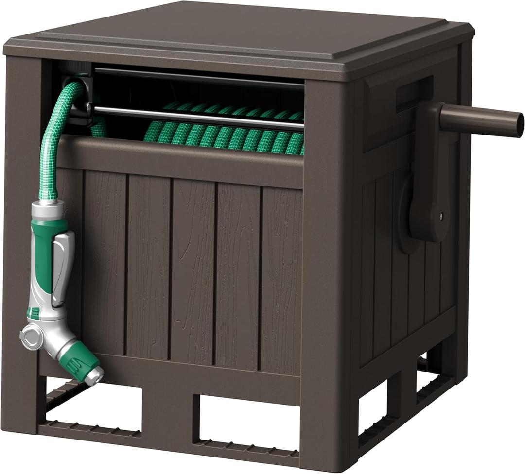 Flamaker Heavy-Duty Garden Hose Reel Hideaway, Resin Hose Storage Cabinet Outdoor with Easy-wind Handle, Waterproof & 5/8'' Hose,170FT Capacity (Brown)