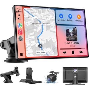 9" Wireless CarPlay & Android Auto Screen with Backup & Dash Cam | Portable CarPlay Screen with Android Auto, GPS Navigation, Backup Camera, BT 5.0, FM, Voice & Mirror Link for Any Car