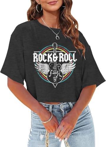 Women's Summer Cropped T Shirts Funny Rock and Roll Country Music Graphic Print tees Short Sleeve Casual Crop Tops L
